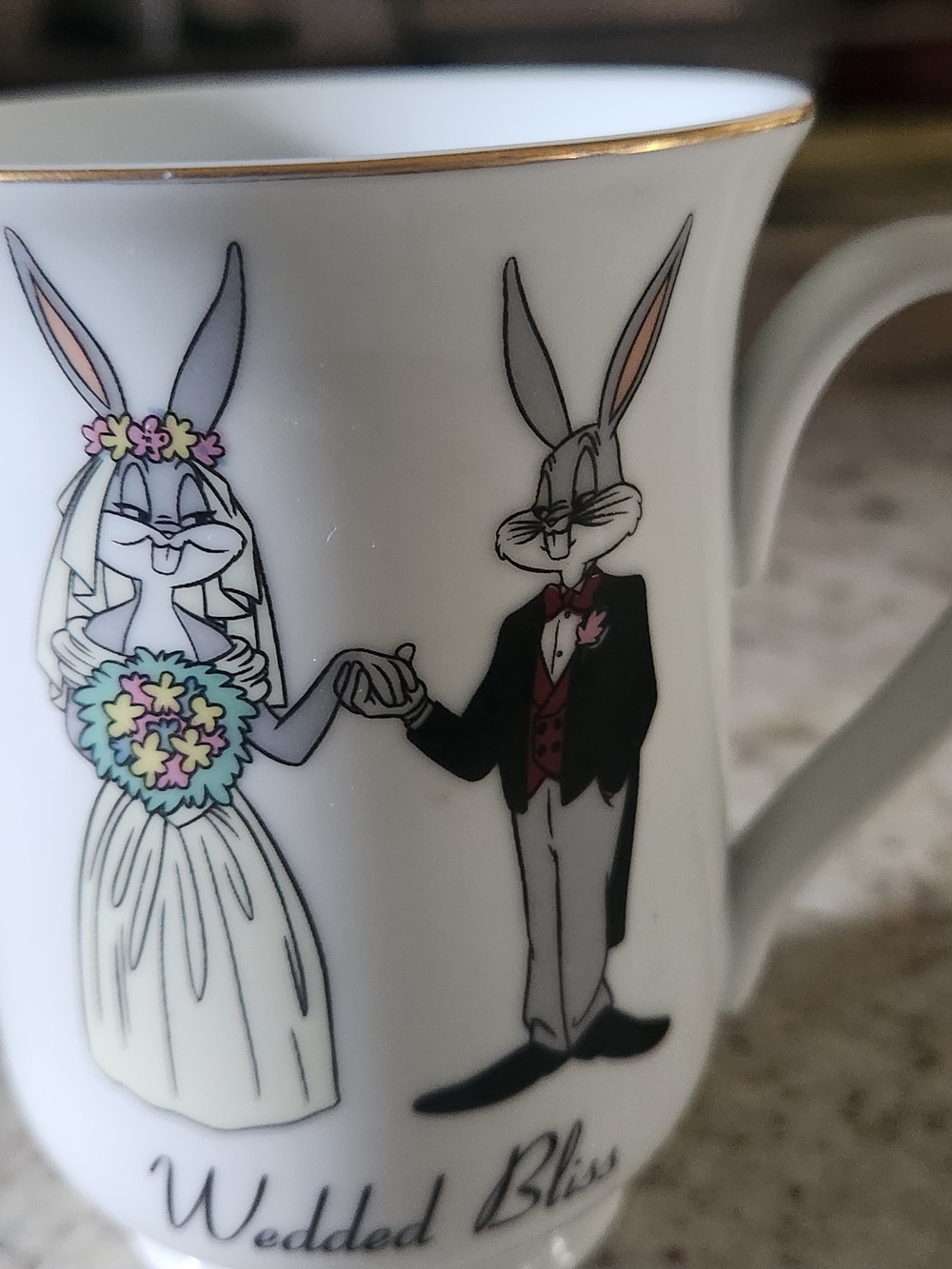 Warner Bros. White Ceramic Bunny Bride and Groom Mug with Gold Trim